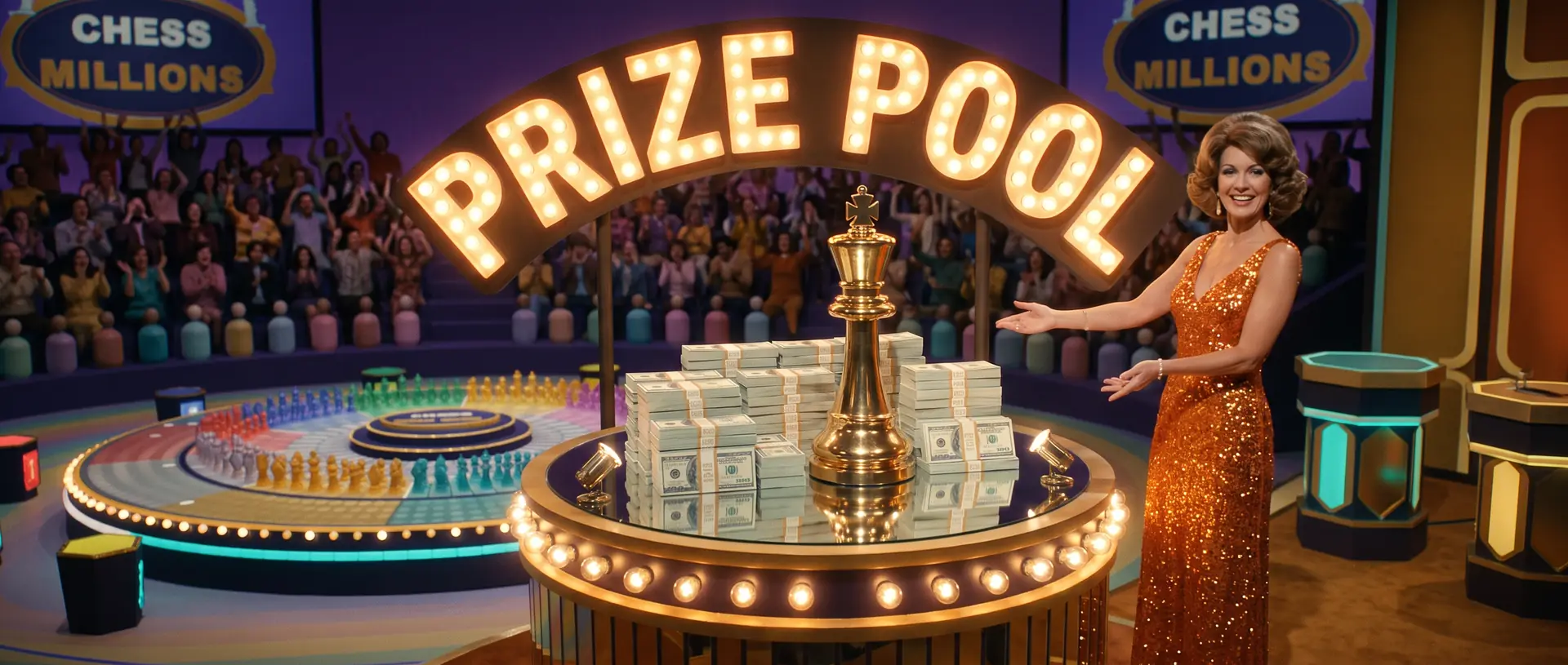 The prize pool on its pedestal: stacks of cash and the golden king trophy