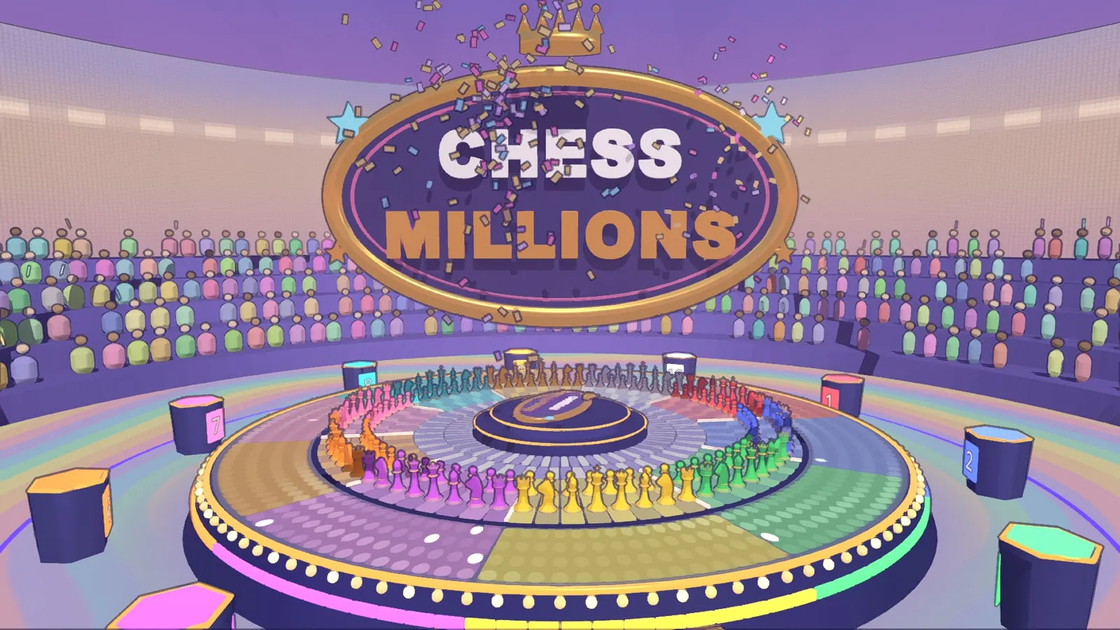 Confetti falls over the Chess Millions logo as ten armies line the round stage